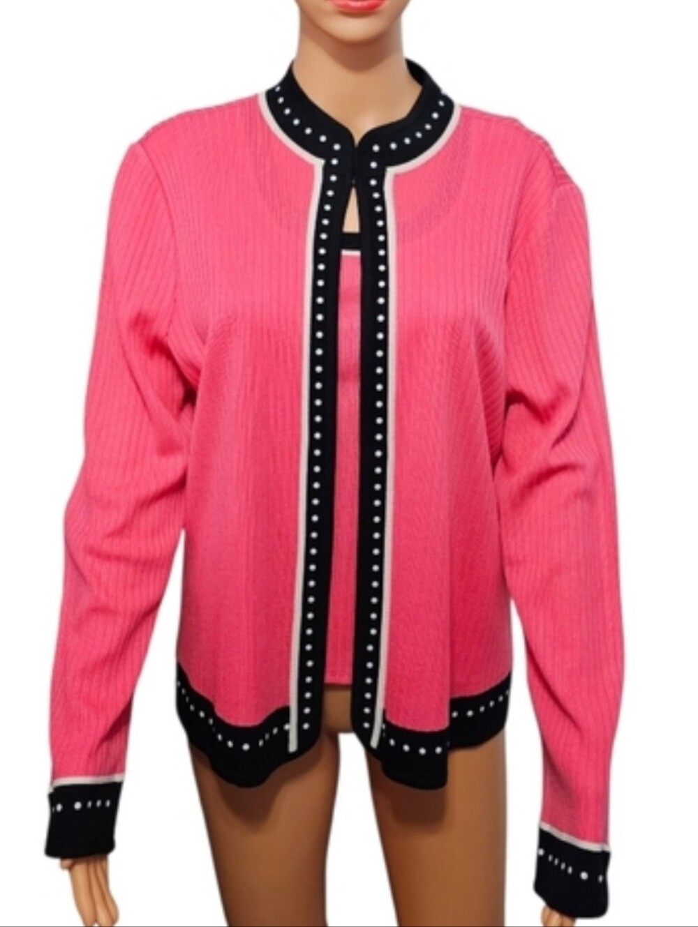 Ming Wang Two Piece Pink/Black Ribbed Knit Cardigan and Tank Dopamine Set M/L